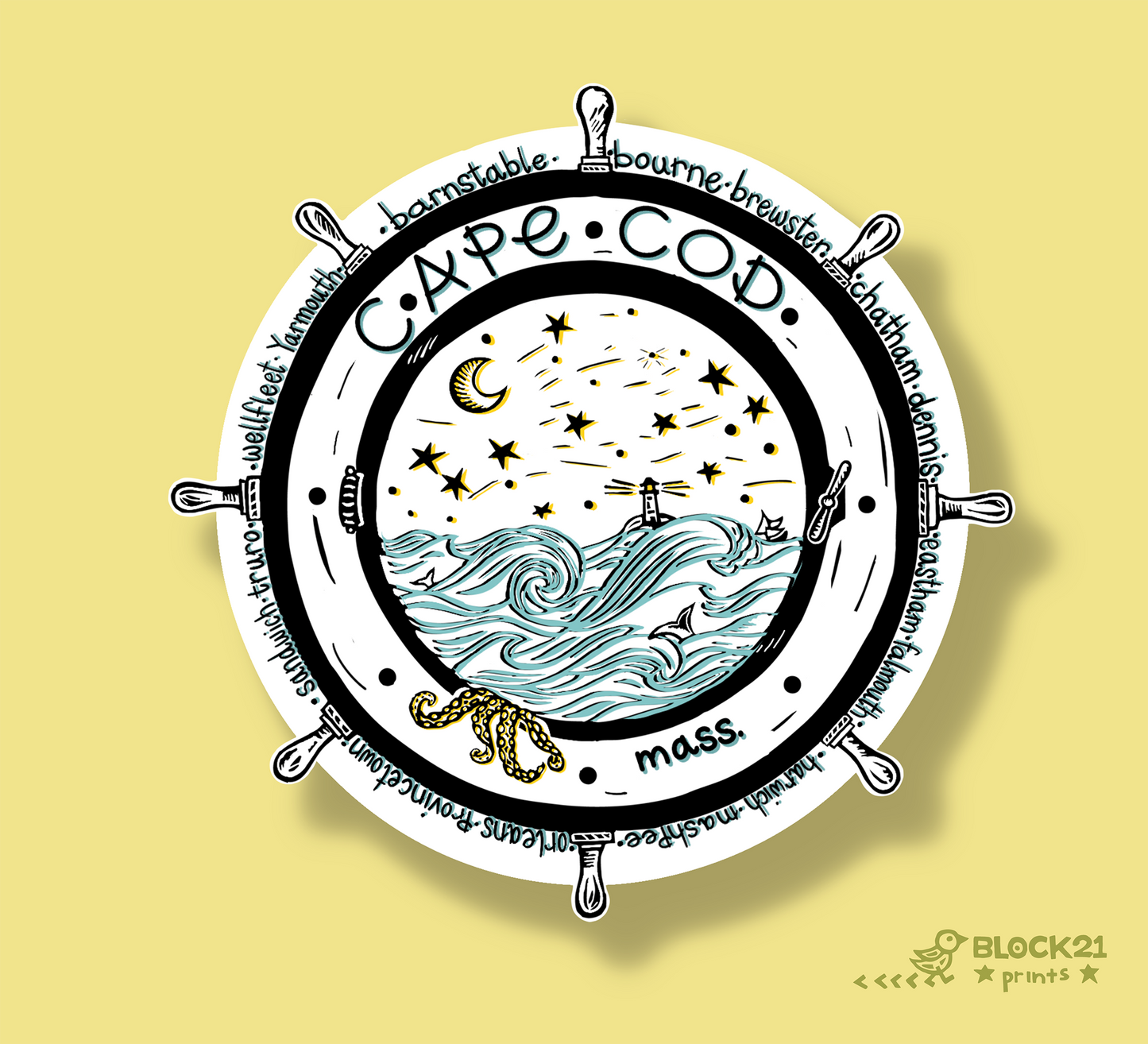 Cape Cod Town Names - Ships Wheel Vinyl Sticker Weather Proof Decal