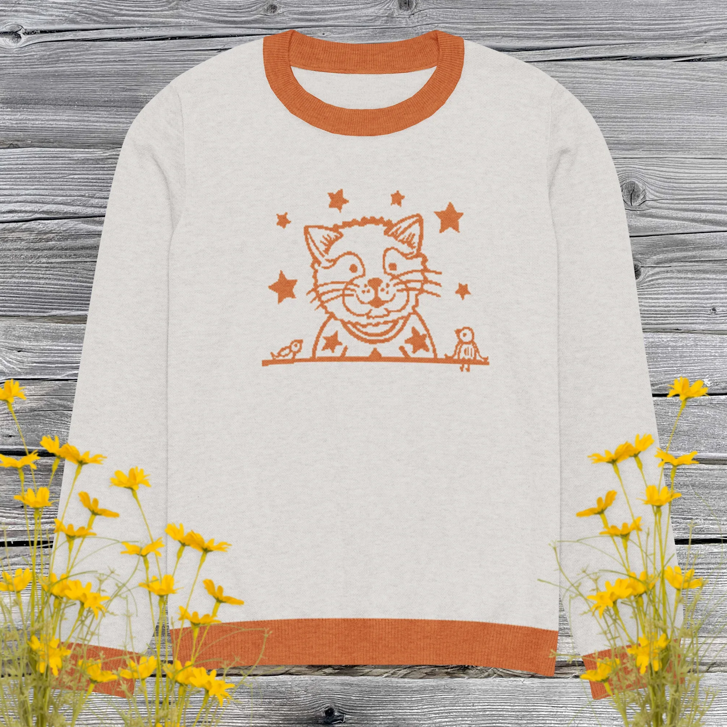 Cat & Stars Knit Sweater – Cozy Unisex Cotton Blend Crew Neck