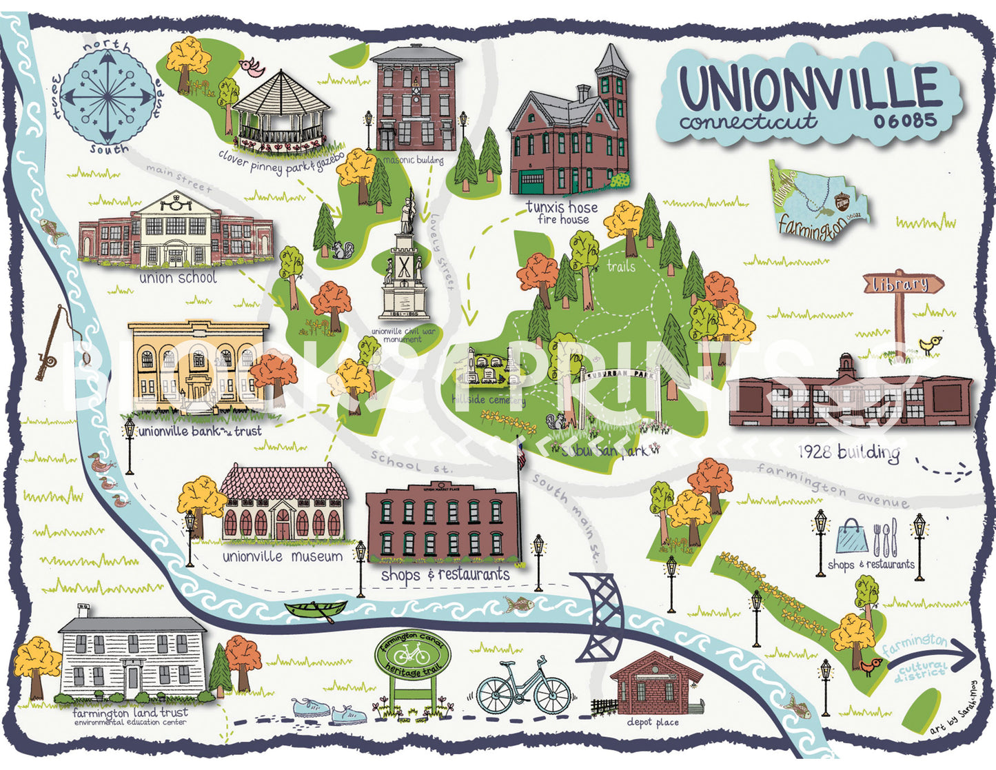 Unionville Connecticut - Illustrated Map - Limited Edition - Signed Fine Art Print - 11" X 14"