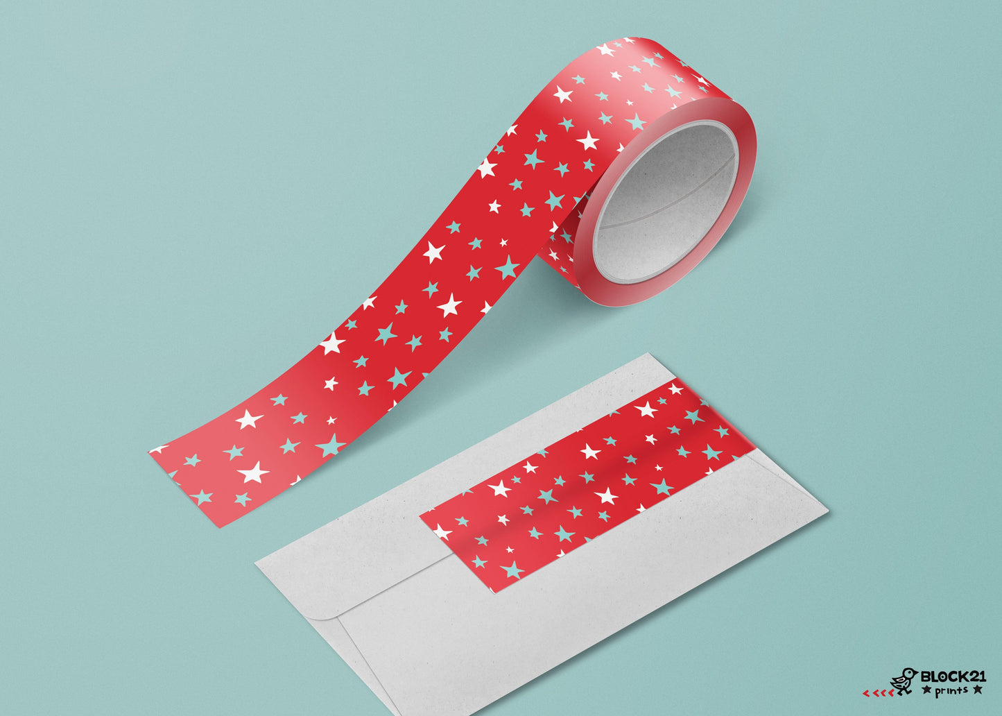 Red Star Washi Tape | 1 Inch Washi Tape | Red Teal White Stars Tape | Decorative Craft Tape | Star Pattern Tape