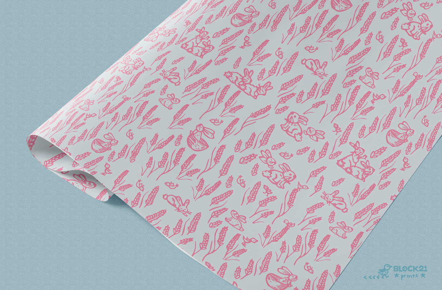 Pink Bunnies and Wheat Gift Wrap Sheet - set of two