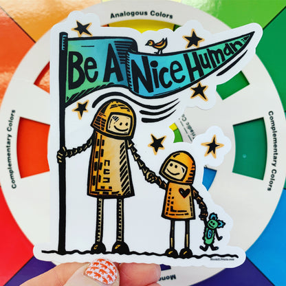 Be a Nice Human Spaceman with child Sticker Decal