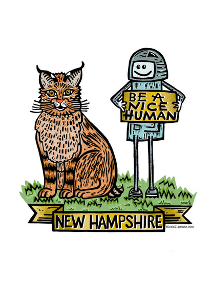 New Hampshire Be A Nice Human bobcat postcard