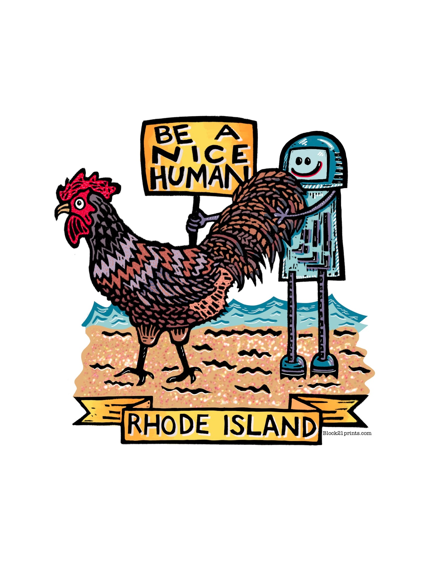 Rhode Island Be A Nice Human rooster postcard