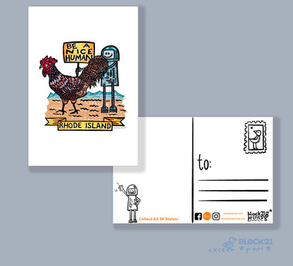 Rhode Island Be A Nice Human rooster postcard