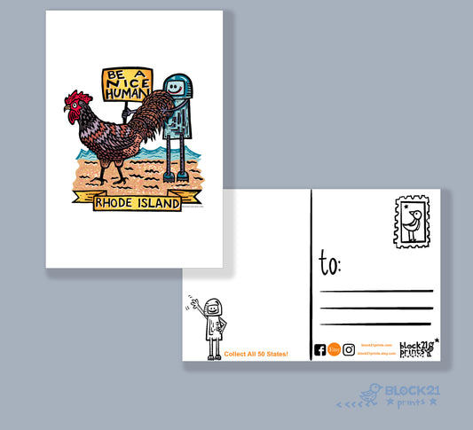 Rhode Island Be A Nice Human rooster postcard