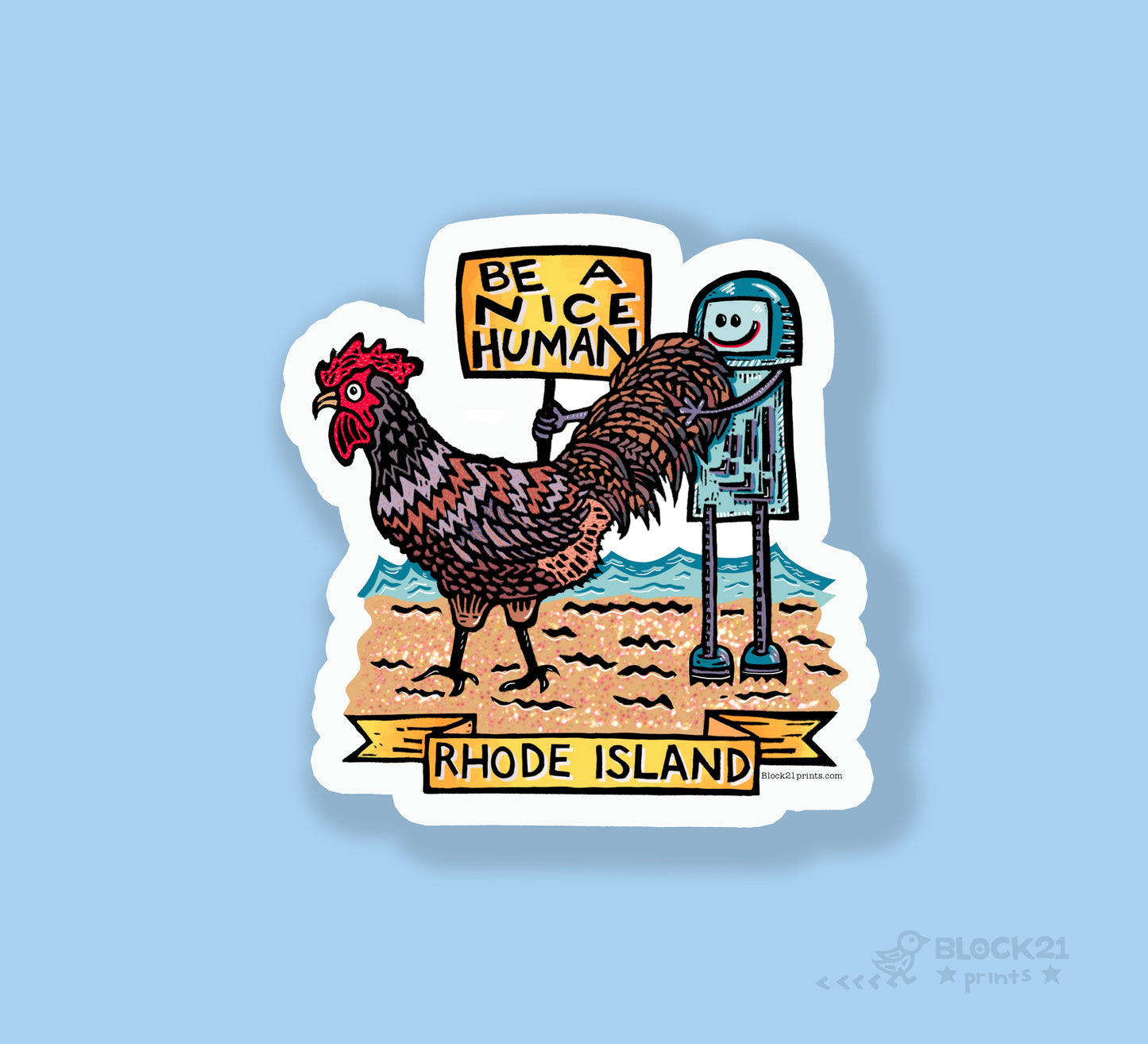 Rhode Island Be A Nice Human rooster postcard