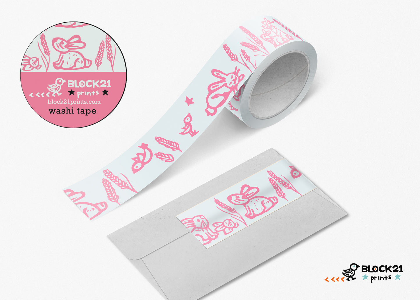 Bunnies and Wheat Pink and White Washi Tape