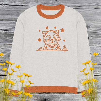 Cat & Stars Knit Sweater – Cozy Unisex Cotton Blend Crew Neck