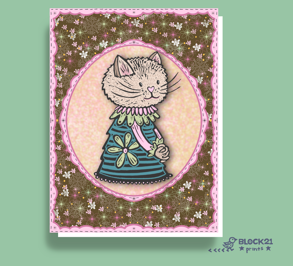 Floral Cat Greeting Card | Whimsical Blank Note Card