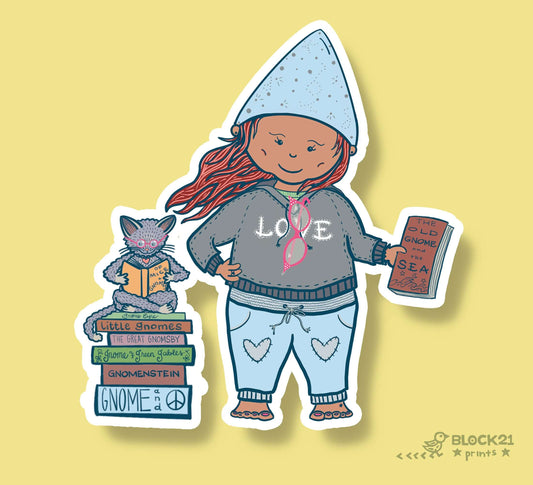 Gnome Girl Book Lover Sticker with Cat – Cozy Reading Design